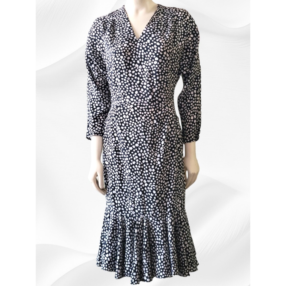 Vintage Secretary Business‎ Black & White Dot Siasia Silky Dress 6 Ruffle Bottom